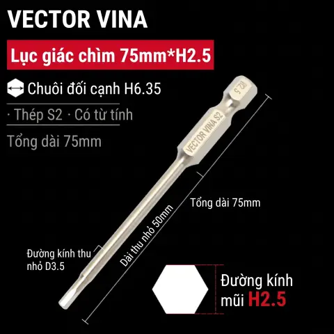 Mũi vít lục giác chìm mạ điện chống gỉ thép S2 chuôi H6.35 VECTOR VINA (50mm - 200mm, H1.5 - H10) – H6.35*75*D3.5*50*H2.5