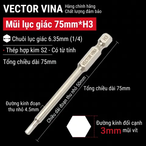 Mũi vít lục giác chìm mạ điện chống gỉ thép S2 chuôi H6.35 VECTOR VINA (50mm - 200mm, H1.5 - H10) – H6.35*75*D4.5*50*H3