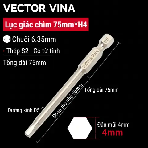 Mũi vít lục giác chìm mạ điện chống gỉ thép S2 chuôi H6.35 VECTOR VINA (50mm - 200mm, H1.5 - H10) – H6.35*75*D5*50*H4