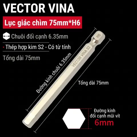 Mũi vít lục giác chìm mạ điện chống gỉ thép S2 chuôi H6.35 VECTOR VINA (50mm - 200mm, H1.5 - H10) – H6.35*75*H6