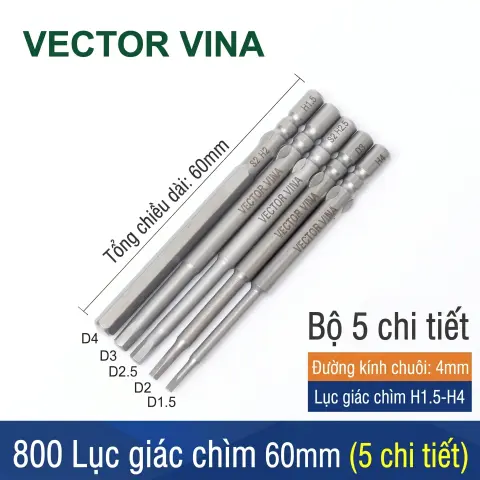 Mũi vít lục giác chuôi tròn 4mm (chuẩn 800) VECTOR VINA có từ tính H0.9 - H6 – Bộ 5 mũi lục giác 800 dài 60mm