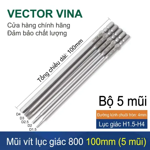 Mũi vít lục giác chuôi tròn 4mm (chuẩn 800) VECTOR VINA có từ tính H0.9 - H6 – Bộ 5 mũi lục giác 800 loại 100mm