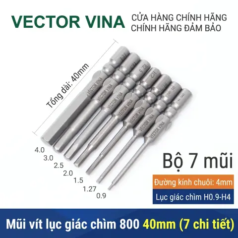 Mũi vít lục giác chuôi tròn 4mm (chuẩn 800) VECTOR VINA có từ tính H0.9 - H6 – Bộ 7 mũi lục giác 800 dài 40mm