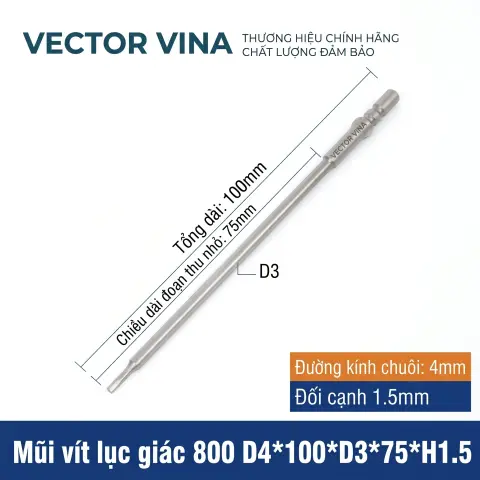 Mũi vít lục giác chuôi tròn 4mm (chuẩn 800) VECTOR VINA có từ tính H0.9 - H6 – D4*100*H1.5