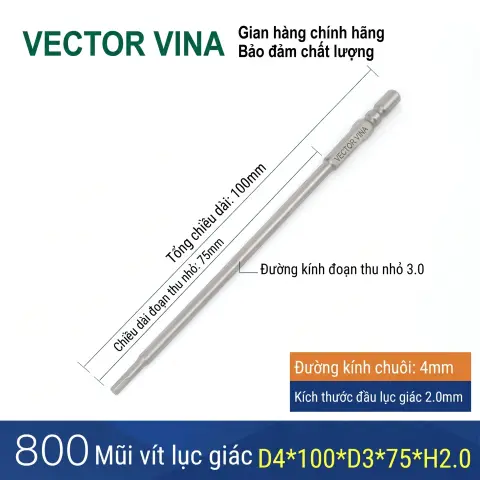 Mũi vít lục giác chuôi tròn 4mm (chuẩn 800) VECTOR VINA có từ tính H0.9 - H6 – D4*100*H2.0