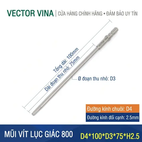 Mũi vít lục giác chuôi tròn 4mm (chuẩn 800) VECTOR VINA có từ tính H0.9 - H6 – D4*100*H2.5