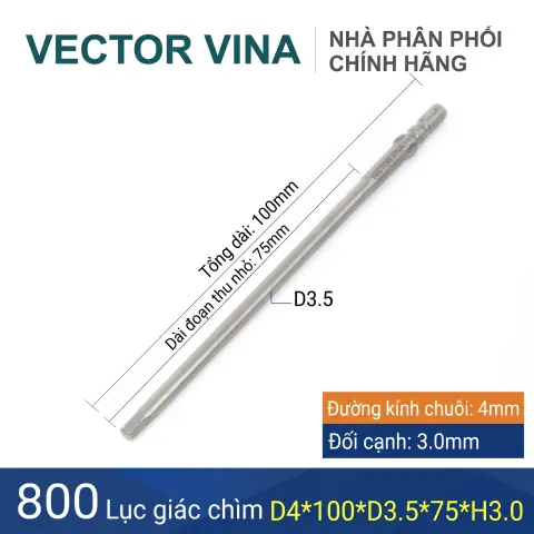 Mũi vít lục giác chuôi tròn 4mm (chuẩn 800) VECTOR VINA có từ tính H0.9 - H6 – D4*100*H3.0