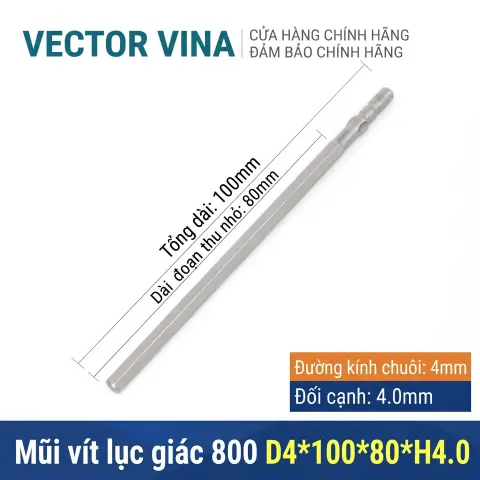Mũi vít lục giác chuôi tròn 4mm (chuẩn 800) VECTOR VINA có từ tính H0.9 - H6 – D4*100*H4.0