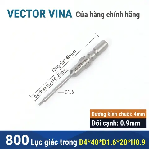 Mũi vít lục giác chuôi tròn 4mm (chuẩn 800) VECTOR VINA có từ tính H0.9 - H6 – D4*40*D1.6*20*H0.9