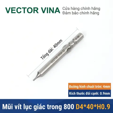 Mũi vít lục giác chuôi tròn 4mm (chuẩn 800) VECTOR VINA có từ tính H0.9 - H6 – D4*40*H0.9
