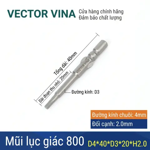 Mũi vít lục giác chuôi tròn 4mm (chuẩn 800) VECTOR VINA có từ tính H0.9 - H6 – D4*40*H2.0