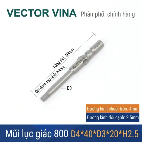 Mũi vít lục giác chuôi tròn 4mm (chuẩn 800) VECTOR VINA có từ tính H0.9 - H6 – D4*40*H2.5