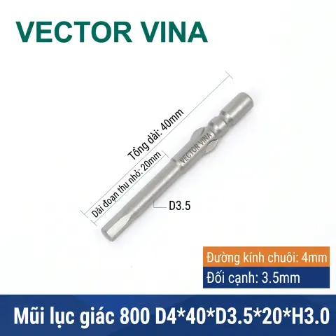 Mũi vít lục giác chuôi tròn 4mm (chuẩn 800) VECTOR VINA có từ tính H0.9 - H6 – D4*40*H3.0
