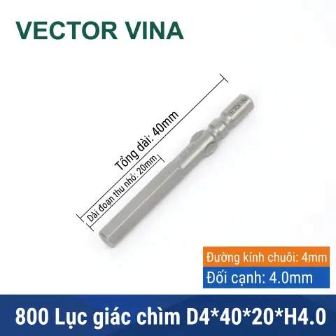 Mũi vít lục giác chuôi tròn 4mm (chuẩn 800) VECTOR VINA có từ tính H0.9 - H6 – D4*40*H4.0