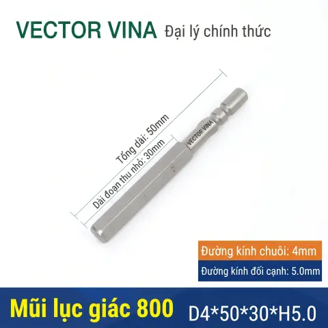 Mũi vít lục giác chuôi tròn 4mm (chuẩn 800) VECTOR VINA có từ tính H0.9 - H6 – D4*50*H5