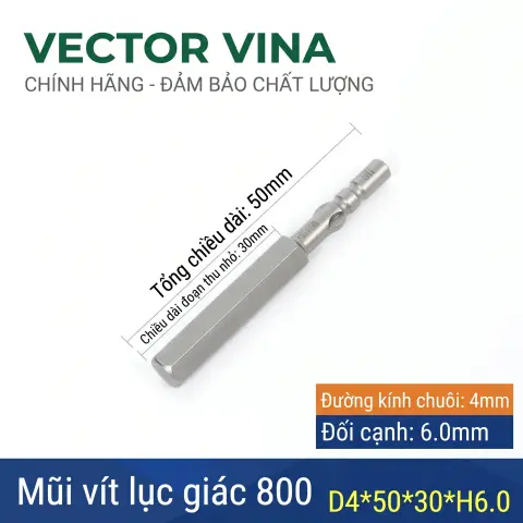 Mũi vít lục giác chuôi tròn 4mm (chuẩn 800) VECTOR VINA có từ tính H0.9 - H6 – D4*50*H6