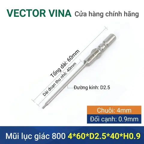 Mũi vít lục giác chuôi tròn 4mm (chuẩn 800) VECTOR VINA có từ tính H0.9 - H6 – D4*60*D2.5*40*H0.9
