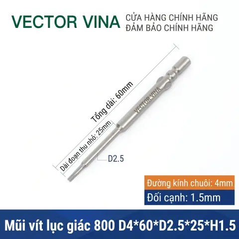 Mũi vít lục giác chuôi tròn 4mm (chuẩn 800) VECTOR VINA có từ tính H0.9 - H6 – D4*60*H1.5
