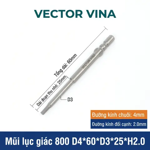 Mũi vít lục giác chuôi tròn 4mm (chuẩn 800) VECTOR VINA có từ tính H0.9 - H6 – D4*60*H2.0