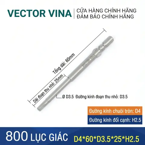 Mũi vít lục giác chuôi tròn 4mm (chuẩn 800) VECTOR VINA có từ tính H0.9 - H6 – D4*60*H2.5