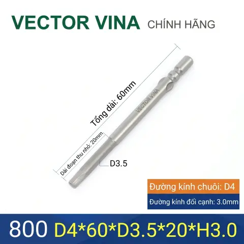 Mũi vít lục giác chuôi tròn 4mm (chuẩn 800) VECTOR VINA có từ tính H0.9 - H6 – D4*60*H3.0