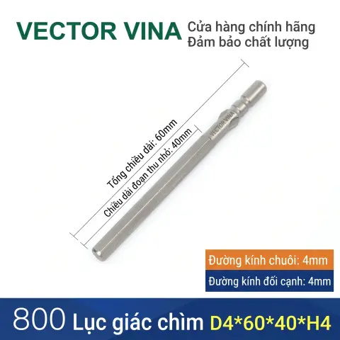 Mũi vít lục giác chuôi tròn 4mm (chuẩn 800) VECTOR VINA có từ tính H0.9 - H6 – D4*60*H4.0