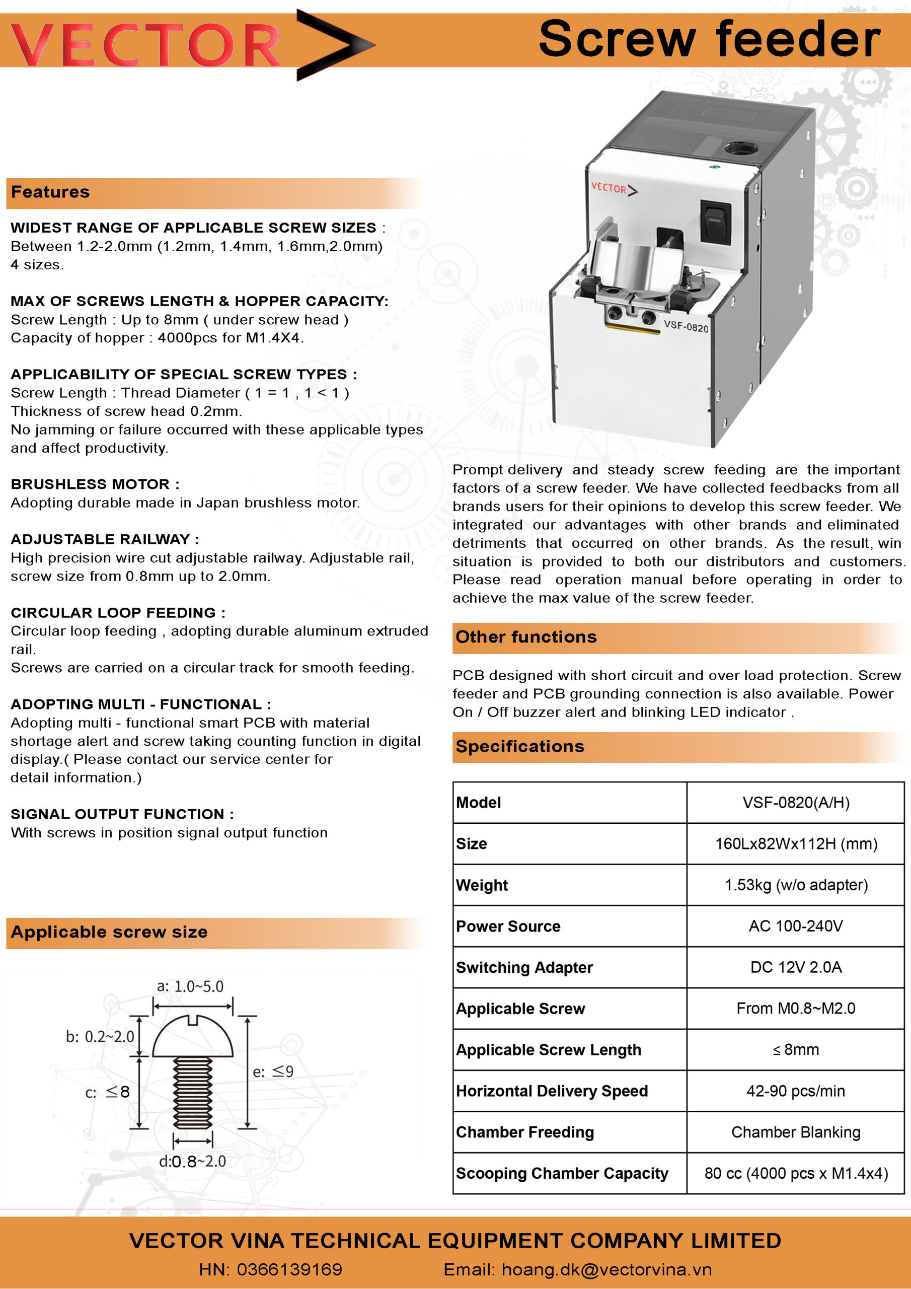 Máy cấp vít tự động VECTOR VSF-0820 Catalogue - Thông số kỹ thuật